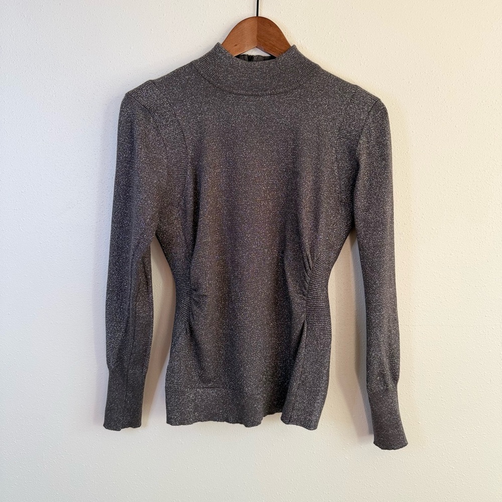 Cache Metallic Mock Neck Sweater | Silver Shimmer Knit Top L